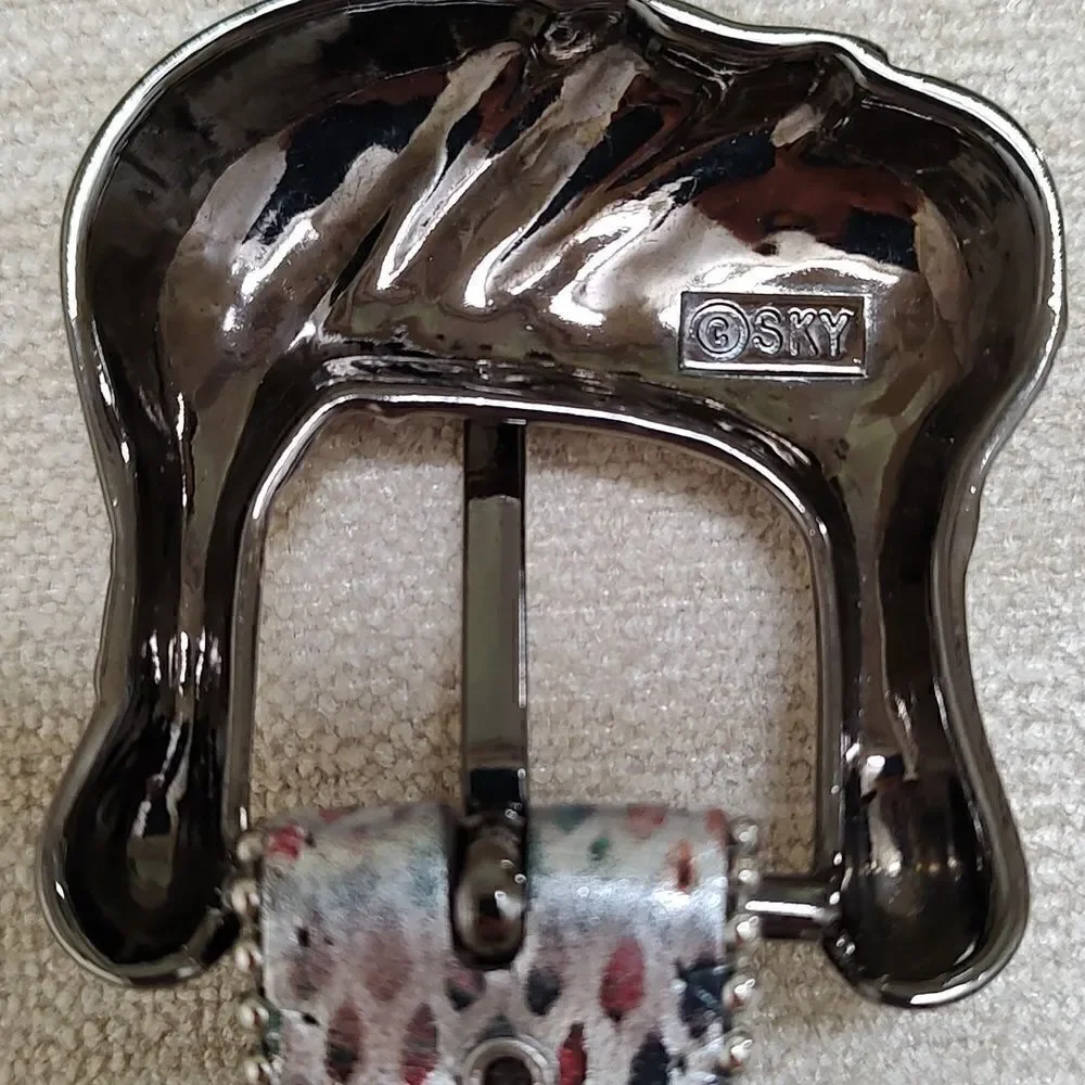Sky Vintage Metallic Multi Colored Leather Belt Silver Buckle and Tip